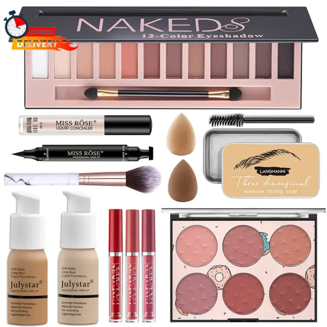 Kit de maquillaje profesional de 12 colores para mujer - sombra de ojos, base, lápiz labial, rubor, cepillo