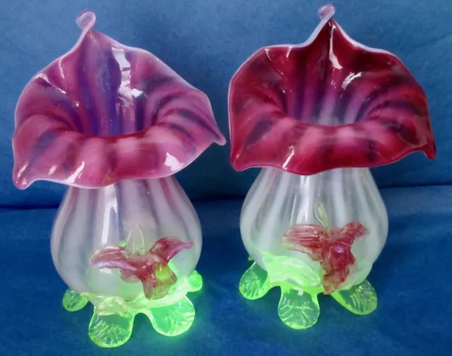 Stevens & Williams JACK-IN-THE-PULPIT Cranberry Uranium Vaseline Glass Vases 2