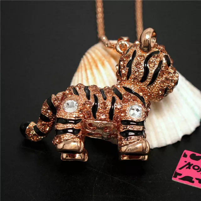 New Bling Rhinestone 3D Cute Tiger Pendant Betsey Johnson Chain Necklace