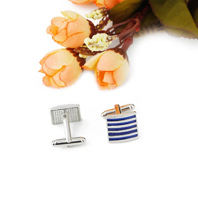 1 Pair of Silver Blue Stripe Business French Style Shirt Sleeve Nail Cufflinks