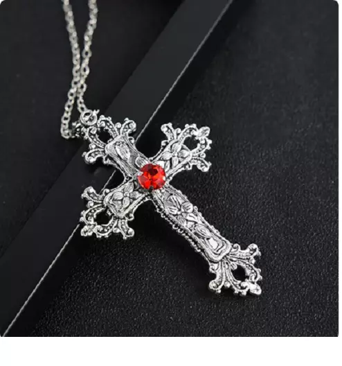 X Big CROSS RELIGIOUS CHRISTIAN RED CZ pendant 26" 925 Sterling Silver Chain Men
