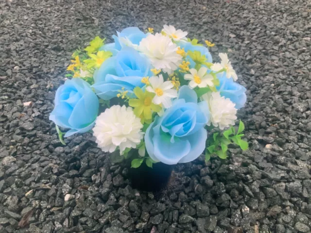 Beautiful artificial blue flower arrangement in grave/memorial/crem pot freepost