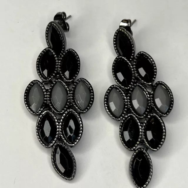 Cluster Chandelier Pierced Earring Black Grey Tone Diamond Cut Acrylic Bead Boho