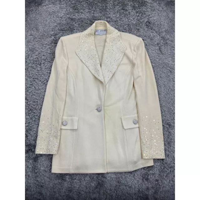 St John Evening Skirt Suit Womans 6 Creamy Rhinestone Embellished Jacket Pencil 2