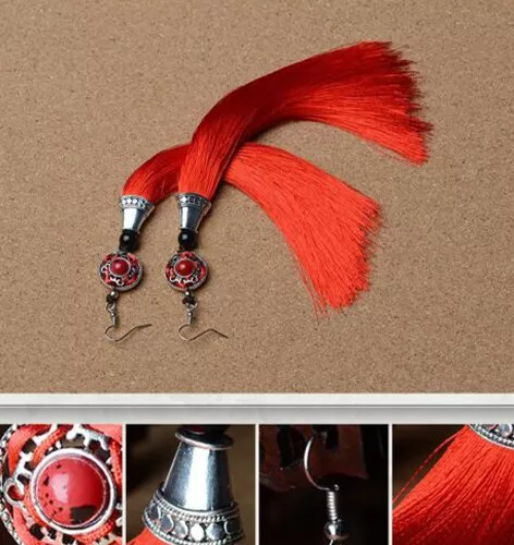 Chinese Red Tassel & Red Stone Earring