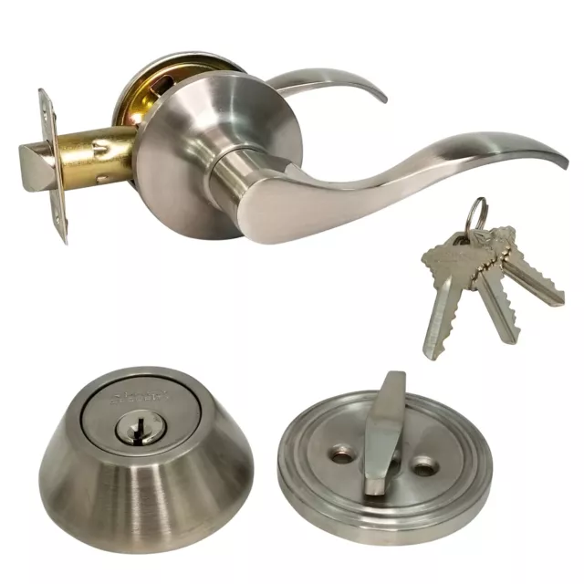 Passage Lever and Keyed Deadbolt Lock Set Entry Sc1 Stainless Steel 3 Keys