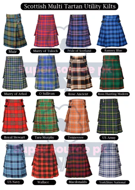 Men's Scottish Utility kilts Two Side Pockets Fashion Multi Colors Clan Tartan