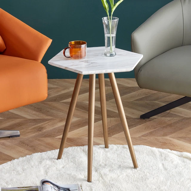 Modern White Hexagon Faux Marble End Side Coffee Table(MDF Table Top+Metal Leg)