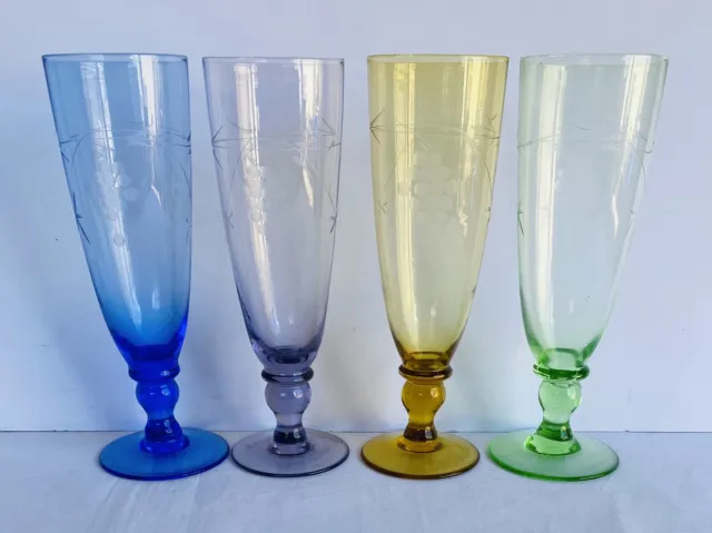MULTI COLOURED Set 4 Wine Grape Glasses Vintage Drinking Glass Retro Glassware