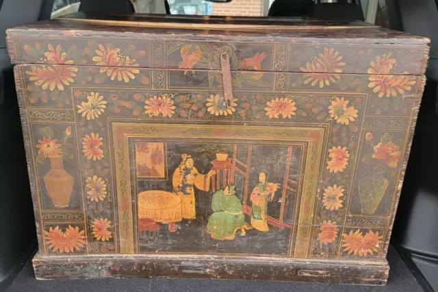 Antique Chinese Hand Painted Wood Chest Large Rare Estate Find