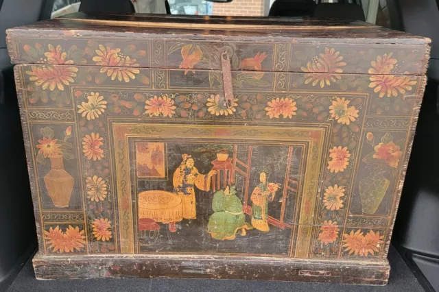 Antique Chinese Hand Painted Wood Chest Large Rare Estate Find
