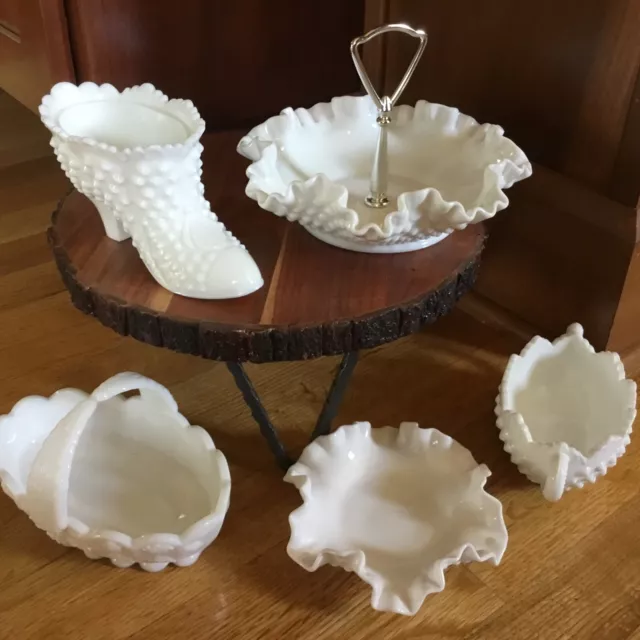 Lot (5) Vintage Fenton White Milk Glass Hobnail Crimped Edge Boot Fluted Dish