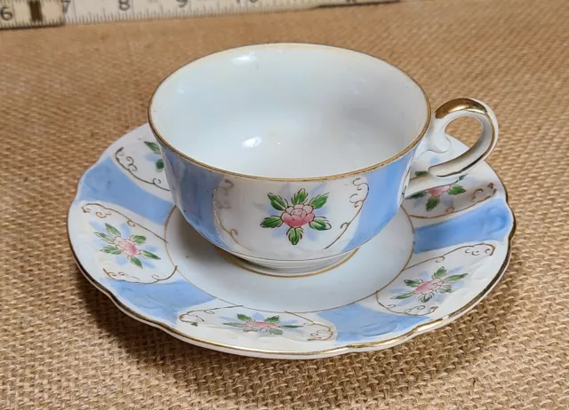 Occupied Japan Tea Cup Saucer Blue White & Gold UCAGCO