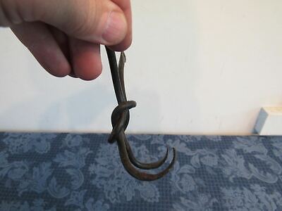 Vtg Hand Forged Blacksmith Wrought Iron Wall Coat Hook Double Arm Knotted 3