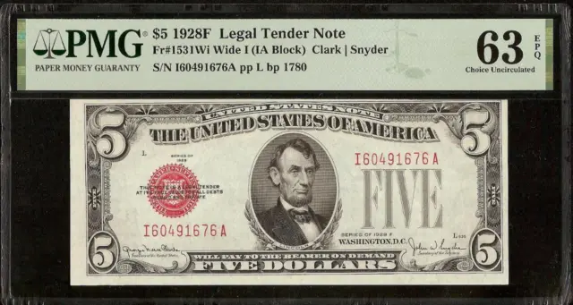 Unc 1928 F $5 Bill Legal Tender Red Seal United States Note Money Pmg 63 Epq