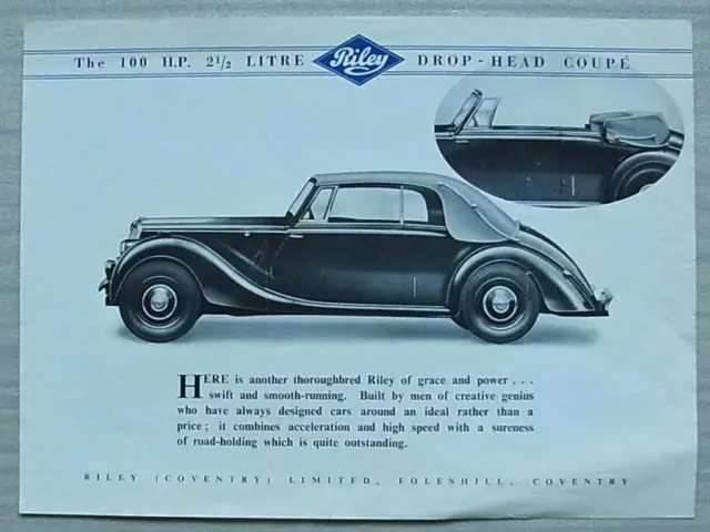 RILEY 100HP 2 ½ LITRE DROPHEAD COUPE Car Sales Specification Leaflet 1948-49