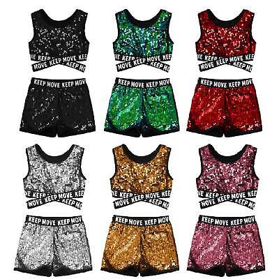 iEFiEL Girls Shiny Sequins Gymnastics Dance Tank Top Shorts Tracksuit Activewear