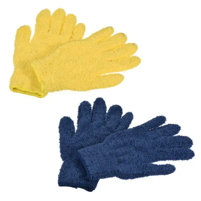 2 pares de guantes de limpieza de polvo guantes de microfibra para el hogar, azul oscuro amarillo
