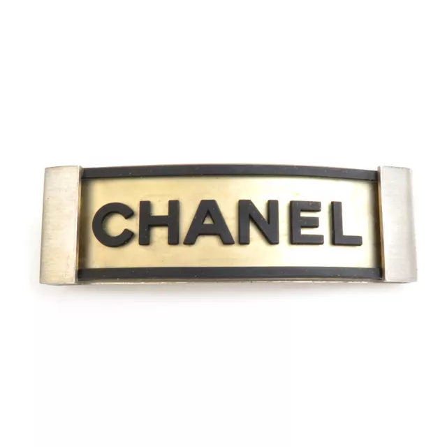 Auth CHANEL Logo Barrette Hair Clip Silver/Black Metal/Rubber - e58057i