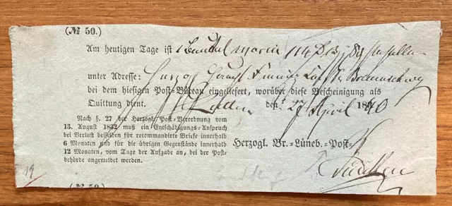 Braunschweig Postschein 1840 Formular No 50 183 Handschrift Lutter ( Langelsheim