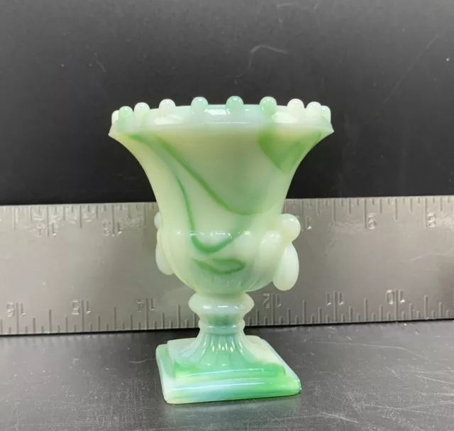 Vintage Akro Agate Green White Swirl Slag Glass Toothpick Holder Urn Vase (#2)
