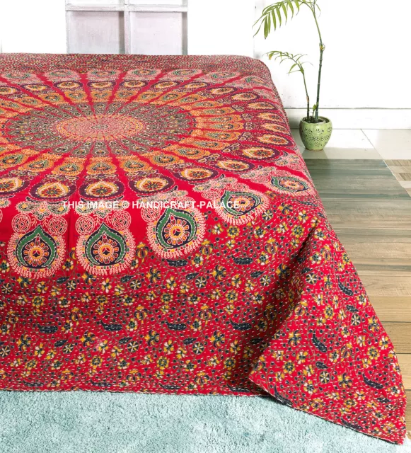 Indien Paon Mandala Couverture Kantha Couette Reine Taille Literie Couvre-Lit