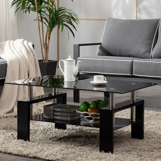 BLACK GLASS COFFEE Rectangular Table Modern W/Shelf Wood Living Room