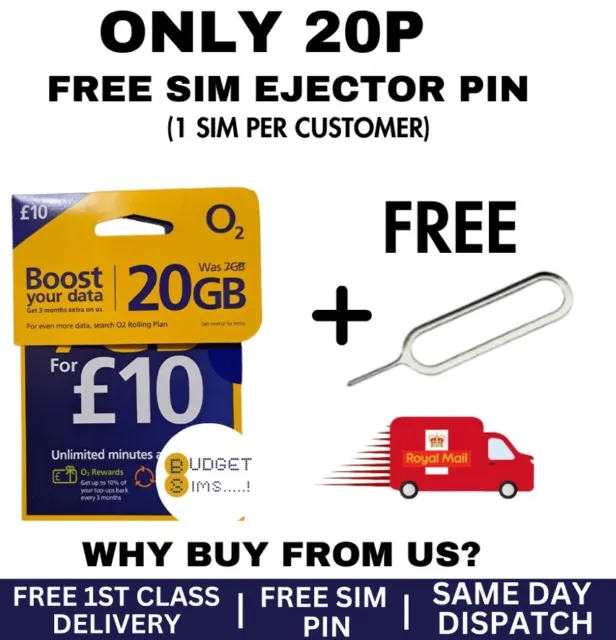 02 Sim Card 20GB £10 Pay As You Go Micro Nano PAYG  Only 20p + Free Sim Pin