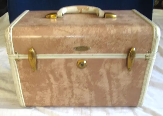 Vintage 1950's Samsonite Cosmetic Train Case Marbled Tan Brown Luggage w Mirror