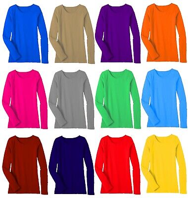 Womens Plain T-shirt Ladies Long Sleeve Scoop Neck T Shirt Top Plus UK Size 8-26