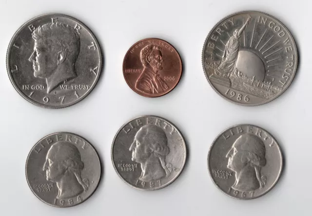 Konvolut-Münzen USA-2x Half Dollar-3x Quarter Dollar-1x 1 Cent-Liberty-US-ua.JFK