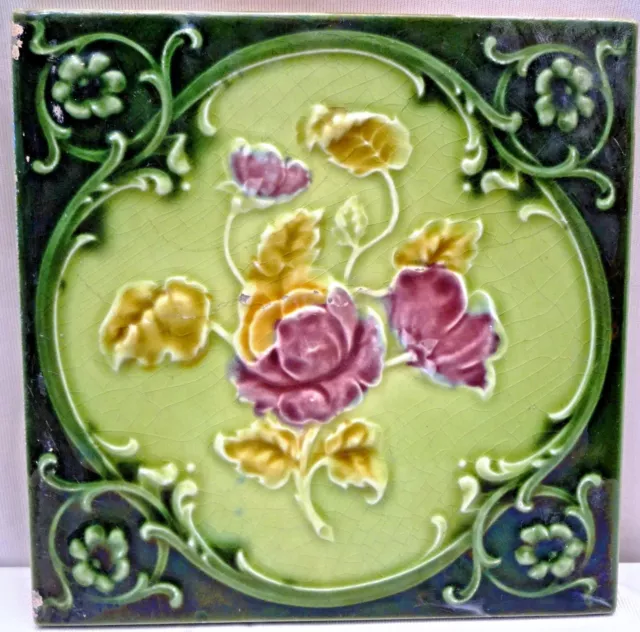 Antique Tile Majolica Art Nouveau England Rose Purple Architecture Floral #173