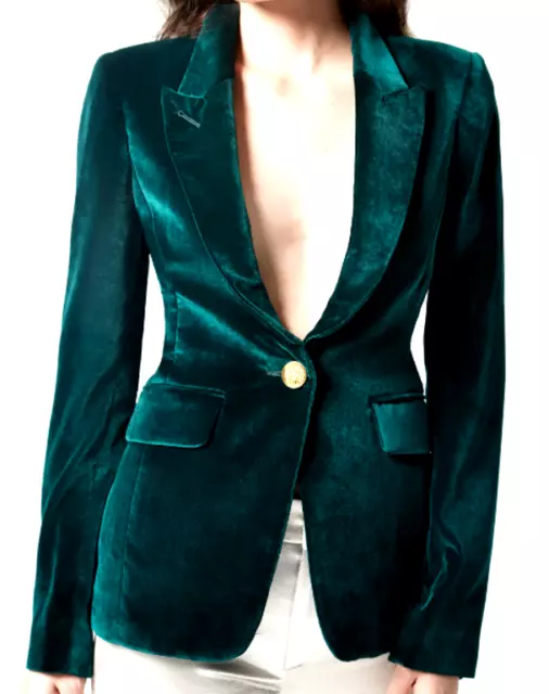 SMYTHE LES VESTES Emerald Green Velvet One Button Peaked Lapel Blazer ...