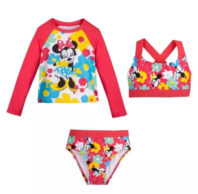 NWT Disney Store Minnie Mouse Rash Guard Deluxe Swimsuit Girls 3 pc UPF 50+ 9/10