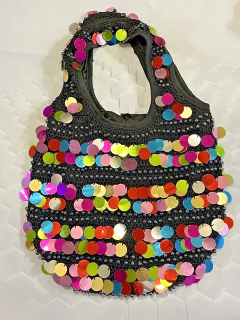 Multi-color Crochet Knit Sequin Beaded Black Hobo Handbag Purse