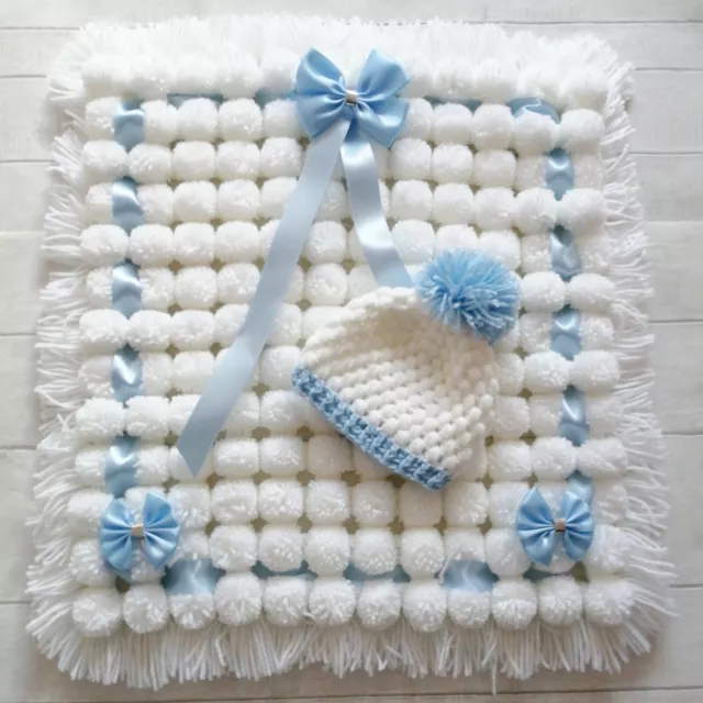 Luxurious Pom Pom Blanket In White and Blue Mix Blanket Baby Boy Set with Hat