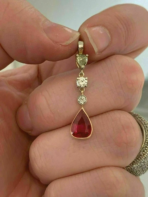 Perfect Art Deco Vintage Wedding Pendant 1.8 Ct Pear Ruby 14K Yellow Gold Finish