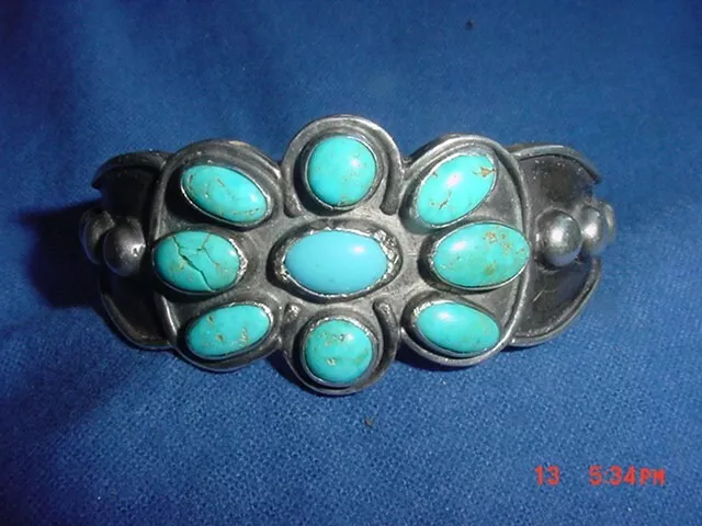 Heavy Vintage Navajo Indian Silver Bracelet With 9 Turquoise Stones