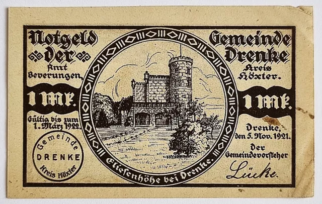 Alter Geldschein, Notgeld aus: DRENKE / Beverungen - 1 MARK - von 1921 2