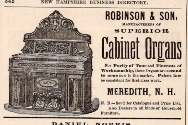 1881 Robinson & Son Superior Cabinet Organs MEREDITH NH  2.5" Print Ad