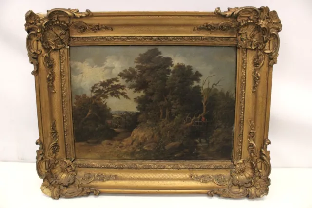 ANTIQUE ORIGINAL Rural Landscape Oil Painting On Canvas c.1880 GILDED FRAME C74