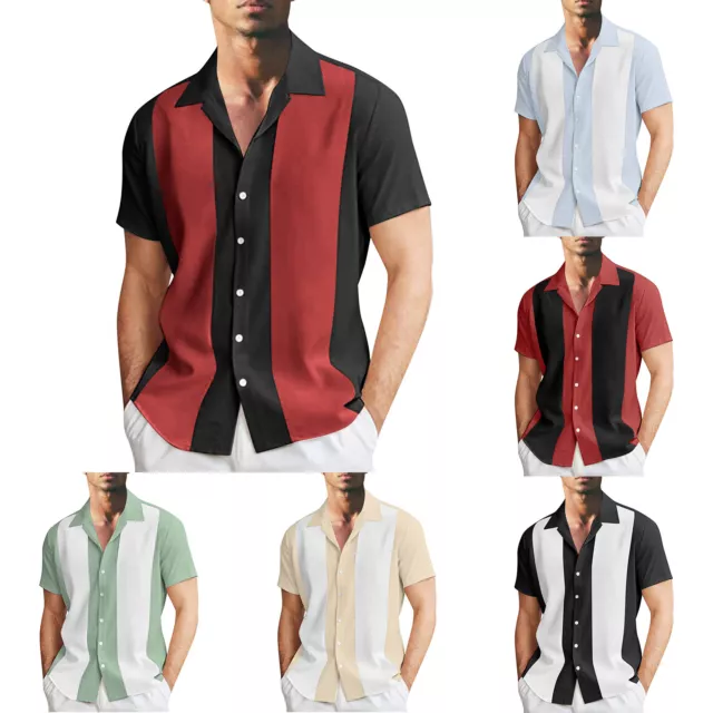Mens Leisure Color Matching Lapel Button Shirt T Shirt Short Sleeve Fashion Tops