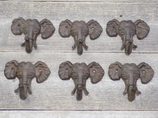 6 Elephant Head Hooks Wall Mount Coat Hat Key Towel Bath Hall Tree Cast Iron