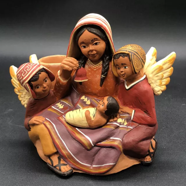 Vtg Terra Cotta Clay Peruvian Folk Art Nativity Mary Baby Jesus And 2 Angels