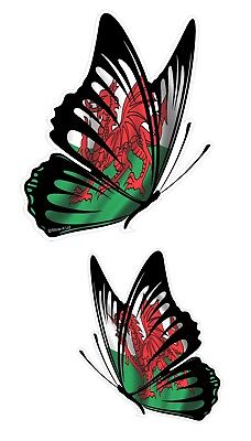 PAIR Of Butterflies Design With Welsh Dragon Wales CYMRU Flag vinyl car sticker