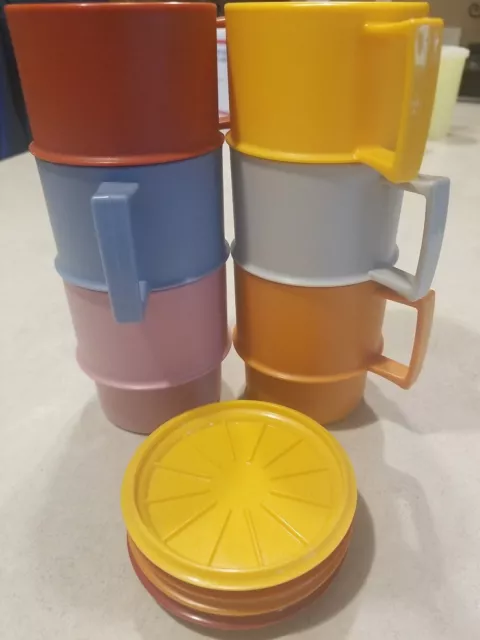 Tupperware Set Of 6 Coffee Mugs Cups W/Handles #1312 + Coasters Set Of 4 #1313