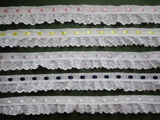 WHITE GATHERED BRODERIE Anglaise Satin Ribbon Slot Lace Trim 1.5