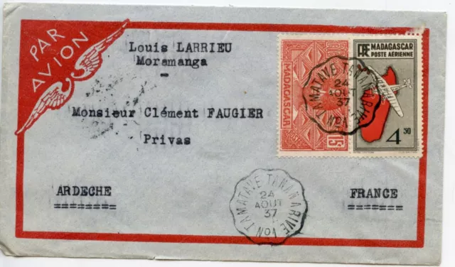 Enveloppe // Air Mail Par Avion // Madagascar Tamatave Pour Privas 1937