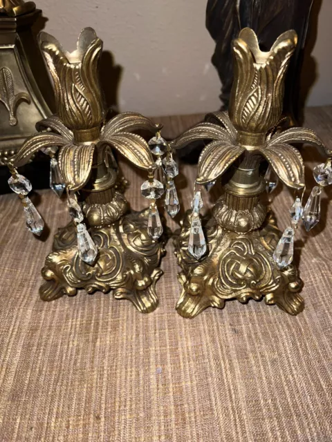 Pair Vintage Hollywood Regency Style Ornate Gold cast Brass Candlestick Holders
