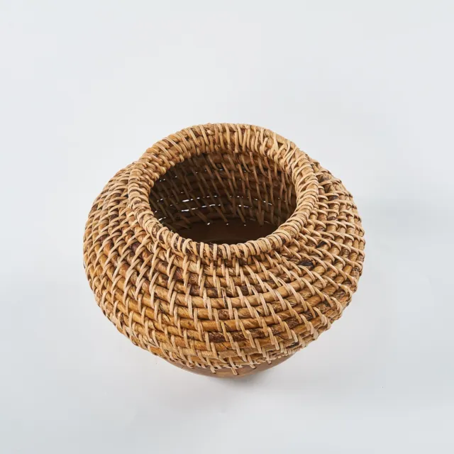 Handmade Woven Rattan Teak Wood Planter Natural Handcrafted Vase Flower Pot